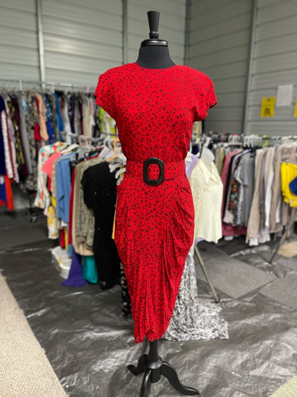 Vintage - Red Floral Belted Draped Midi Dress